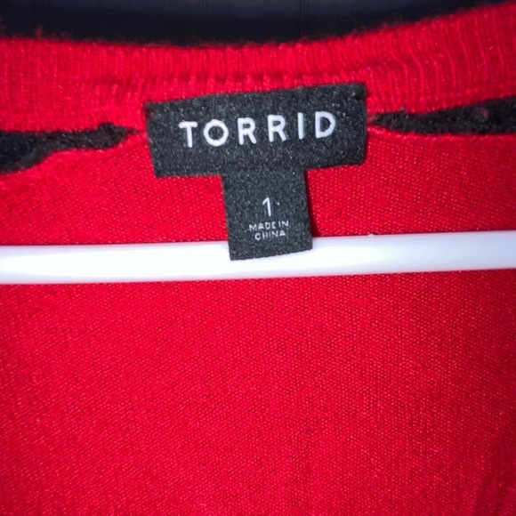 Torrid Plus Black Lace Inset Long Sleeve Sweater Top Red Size 1X Holiday Wear - Picture 3 of 5